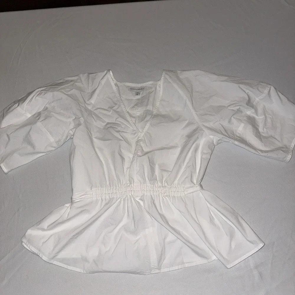 Banana Republic White Cotton Poplin Tie Back Puff Sleeve Peplum Top XS